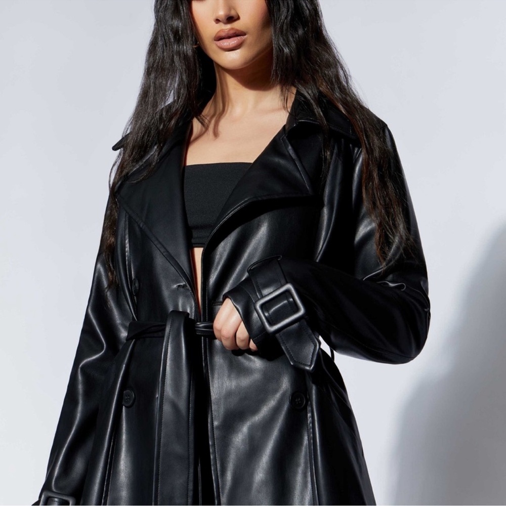 Meshki Black Faux Leather Trench Coat